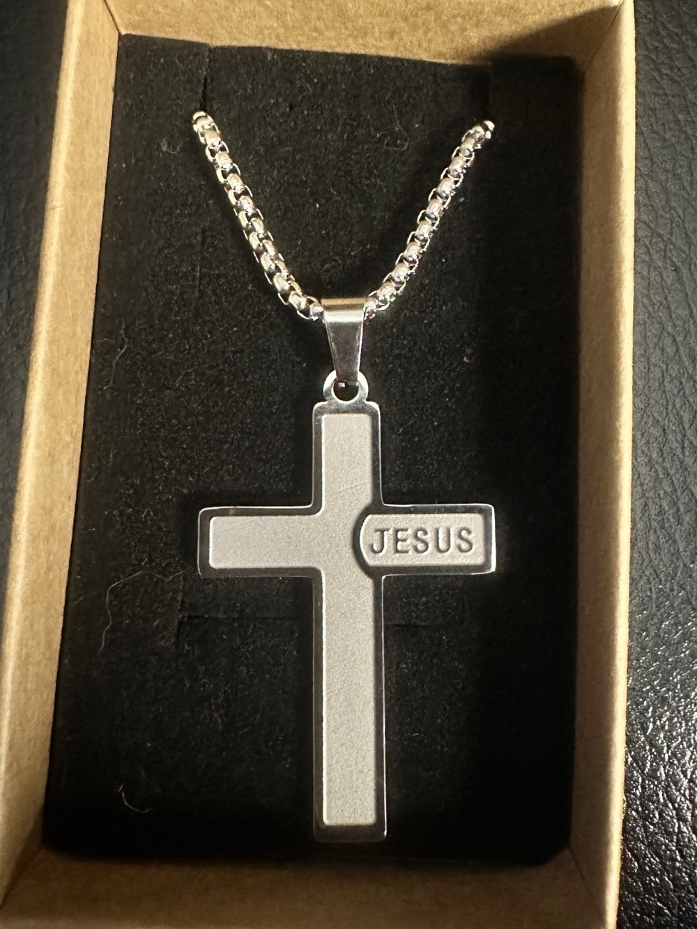 Mens Stainless Steel Cross Pendant Necklace with JESUS Inscription